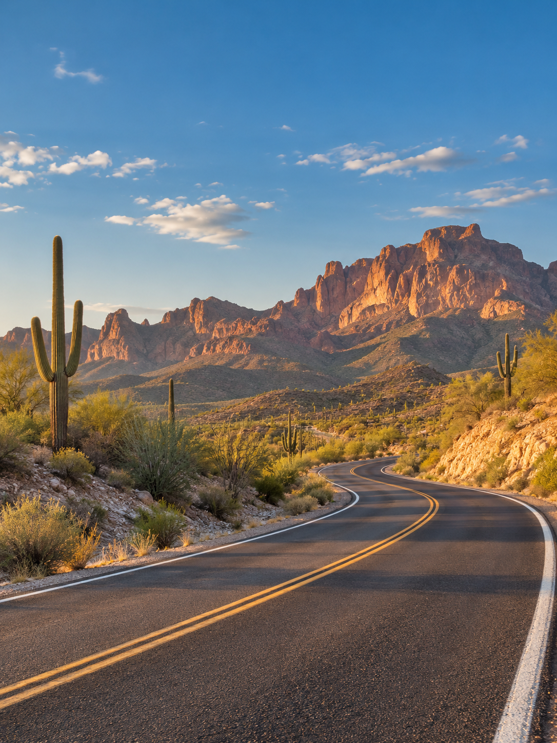A quiet highway winding through the Arizona desert toward distant mountains